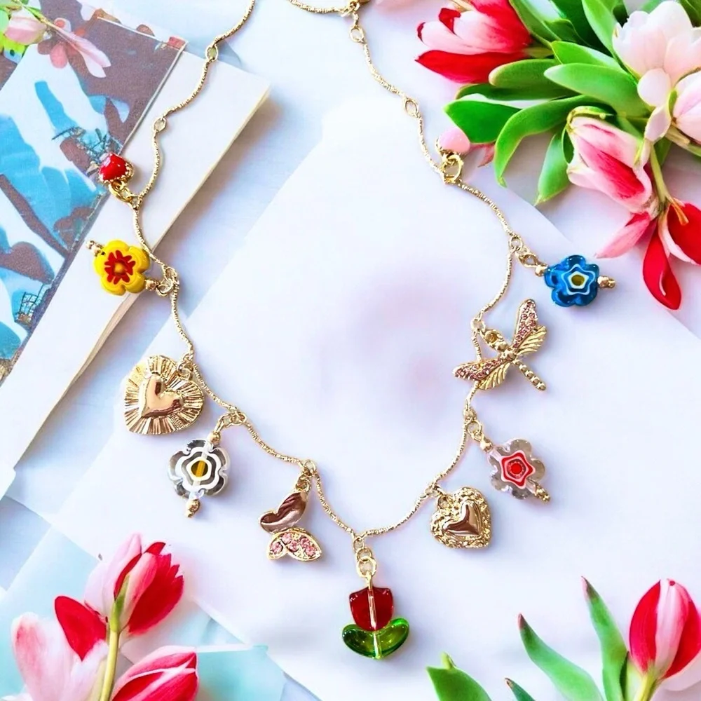Gold and Red toned Charm Necklace glass rhinestones enamel tulip flower hearts